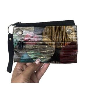 Roxy Y2K Vintage Coated Graphic Dual Zipper Snap Open Sections Wristlet Wallet